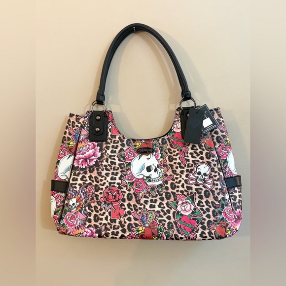 Ed Hardy Handbags - NWT Ed Hardy Leopard Print Skull & Floral Motif Vegan Faux Leather Tote Purse